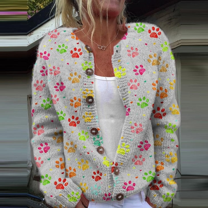 Striped Knitted Digital Print Floral Cardigan Halterneck Sweater Single-Breasted Long-Sleeve Loose-Fit