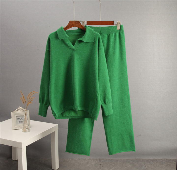 European And American-style Solid-color Lapel Sweater Set For Women, FallWinter