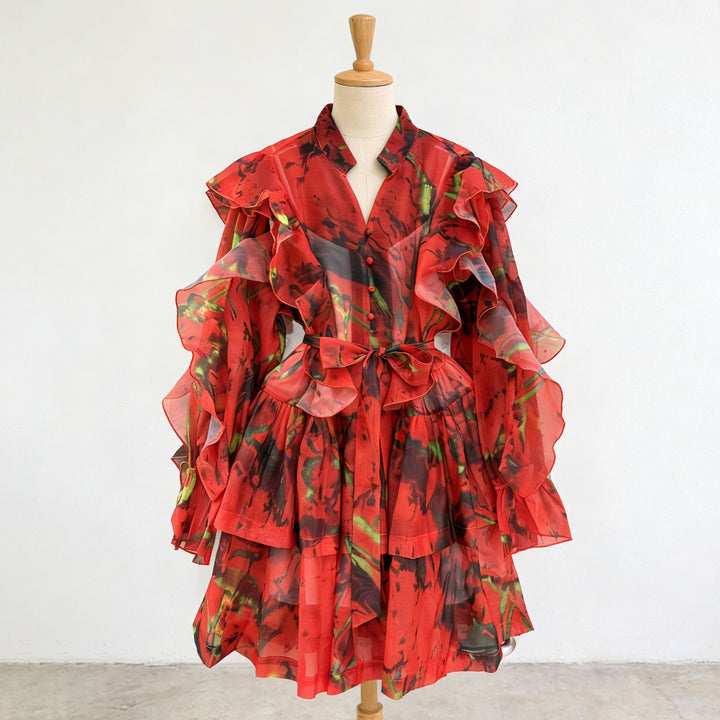 V-neck Ruffled Tie-waist Dress