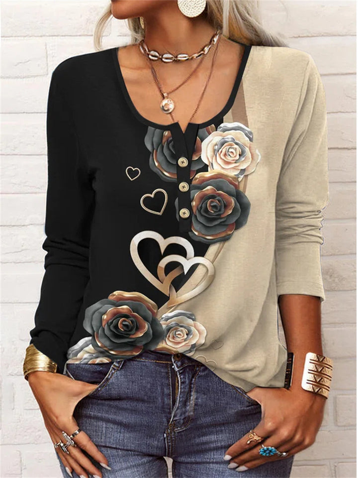 Women's Long-Sleeve Printed V-Neck Loose T-Shirt
