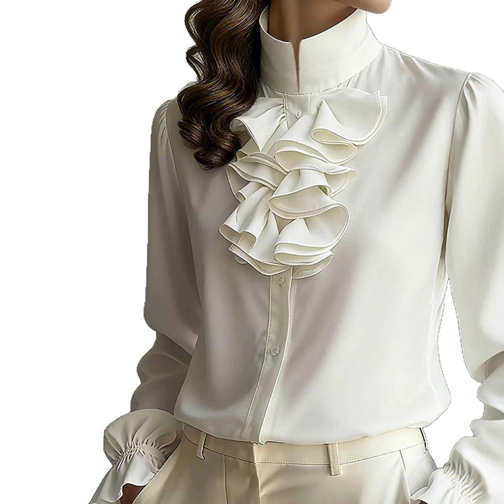 Casual Loose-neck Plain-colored Ruffled Collar Shirt