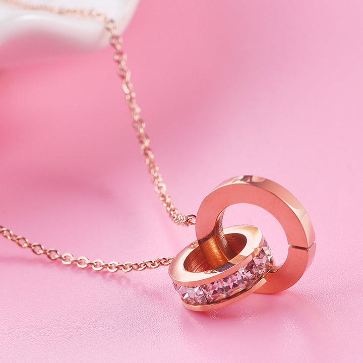 Fashionable Stainless Steel Double-Ring Diamond-Encrusted 