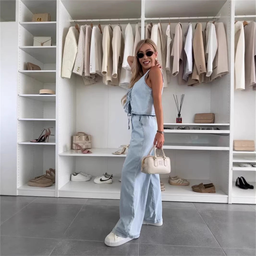 Lace-up Wide-leg Jeans Fashion Denim Set Womens