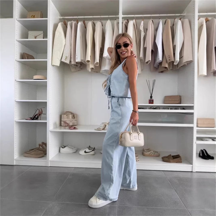 Lace-up Wide-leg Jeans Fashion Denim Set Womens