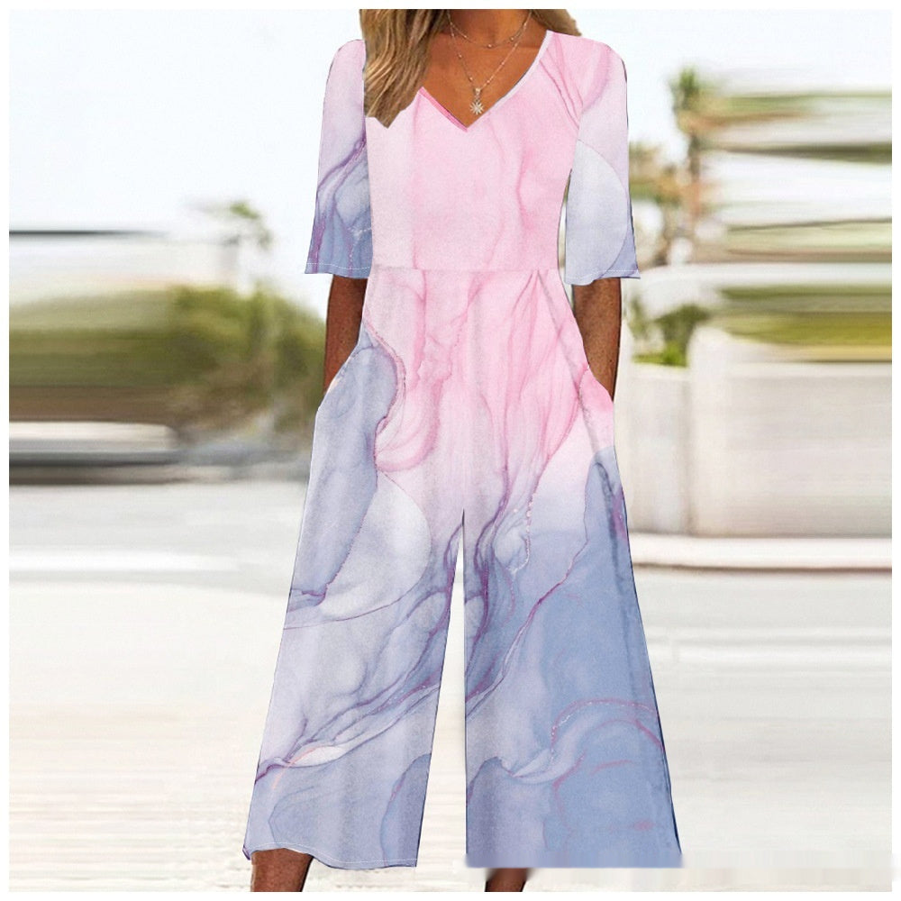 Summer Elegant V-Neck Jumpsuit With Three-Quarter Sleeves And Wide Legs