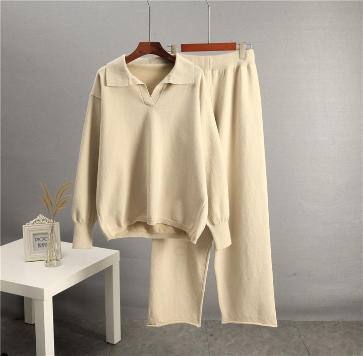 European And American-style Solid-color Lapel Sweater Set For Women, FallWinter