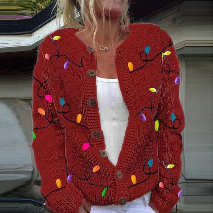 Striped Knitted Digital Print Floral Cardigan Halterneck Sweater Single-Breasted Long-Sleeve Loose-Fit