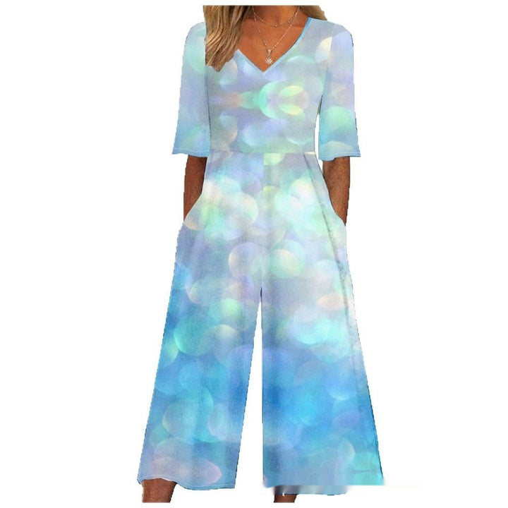 Summer Elegant V-Neck Jumpsuit With Three-Quarter Sleeves And Wide Legs