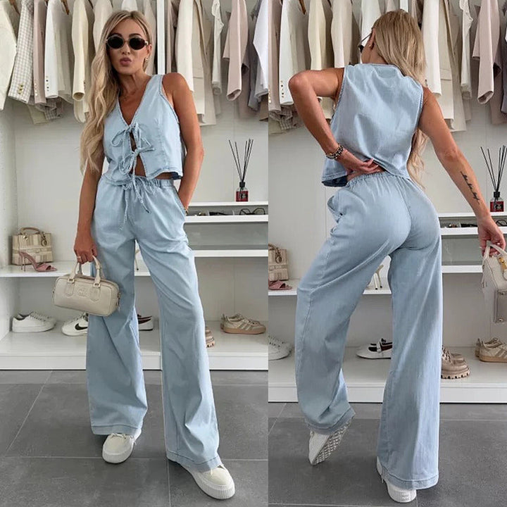 Lace-up Wide-leg Jeans Fashion Denim Set Womens