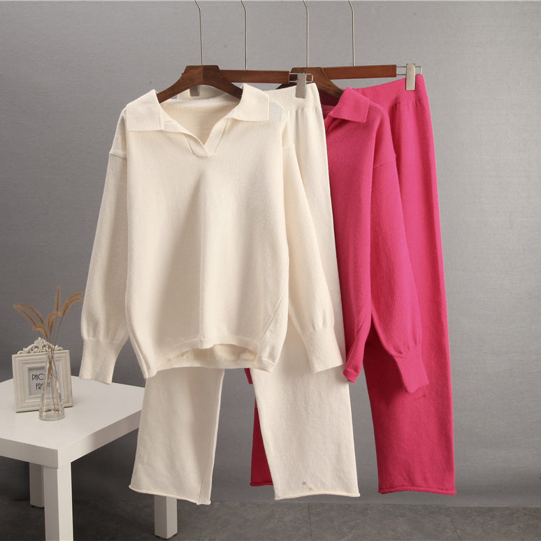 European And American-style Solid-color Lapel Sweater Set For Women, FallWinter