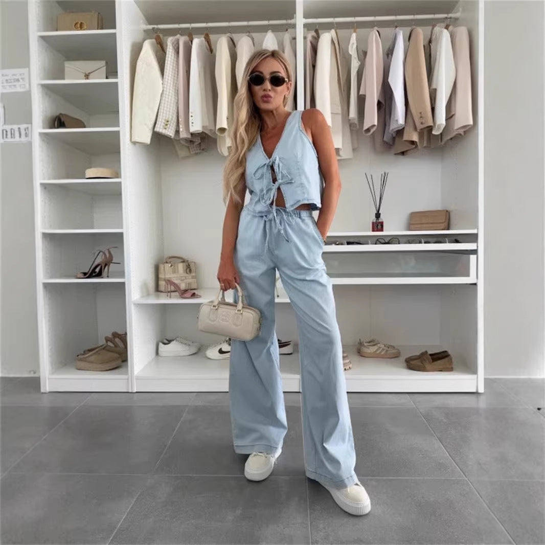 Lace-up Wide-leg Jeans Fashion Denim Set Womens
