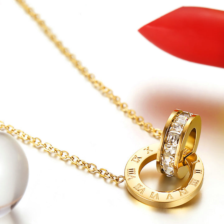 Fashionable Stainless Steel Double-Ring Diamond-Encrusted 