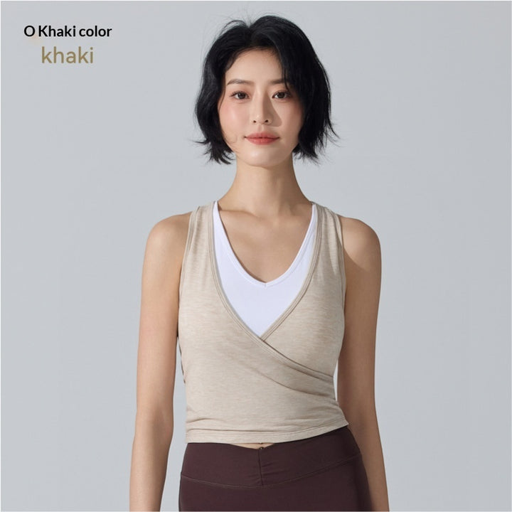 Sports Vest Quick-Drying Breathable Fake Two-Piece Sleeveless Blouse Integrated Cup Padding Yoga Wear