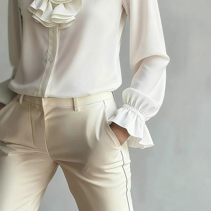 Casual Loose-neck Plain-colored Ruffled Collar Shirt