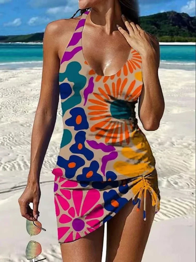Filipa - Tankini s květinovým grafickým vzorem a šortkami, efekt plochého břicha
