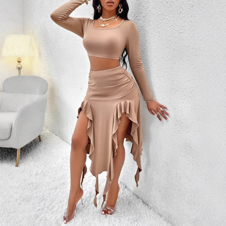 Solid-color Crewneck Long-sleeve Top And Ruffled Hem Midi Skirt Set