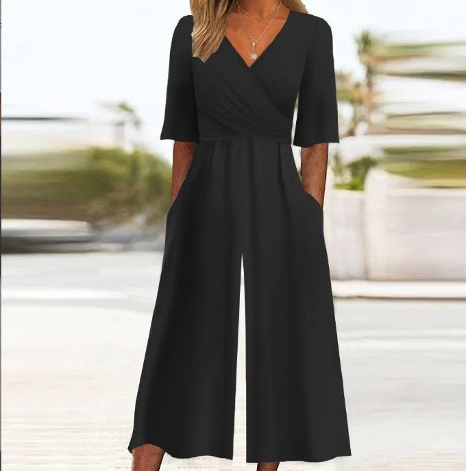 Summer Elegant V-Neck Jumpsuit With Three-Quarter Sleeves And Wide Legs