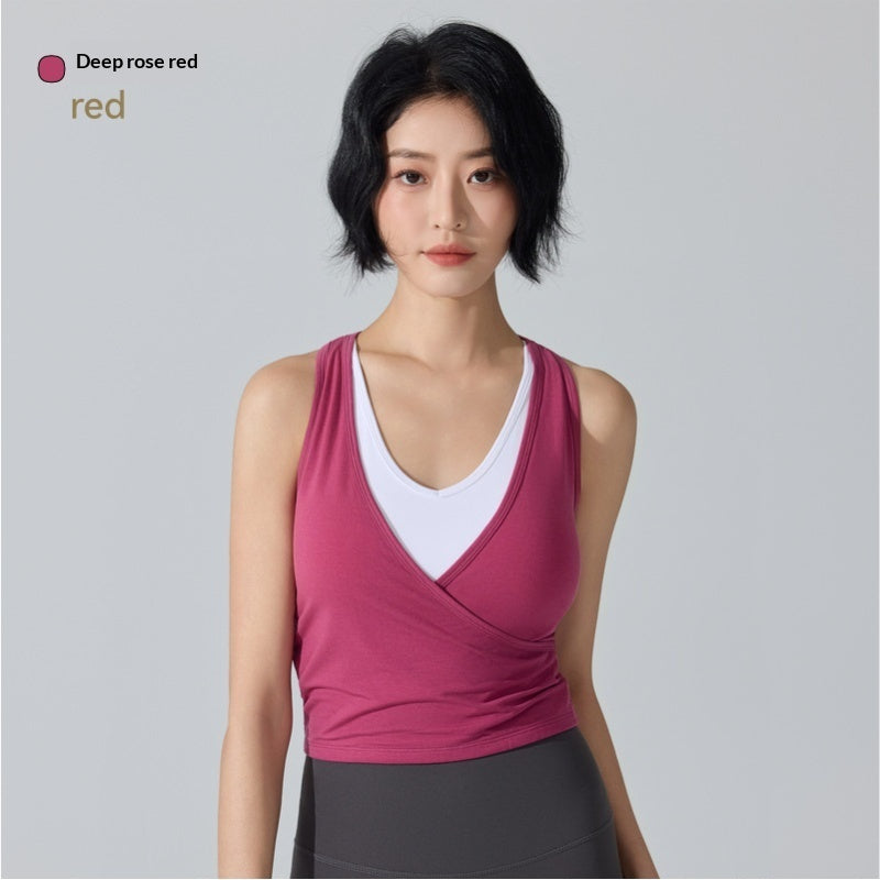 Sports Vest Quick-Drying Breathable Fake Two-Piece Sleeveless Blouse Integrated Cup Padding Yoga Wear