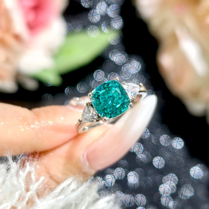 Back-cover Princess-cut Birds-nest Design Flashy Light-green Zircon Open Ring