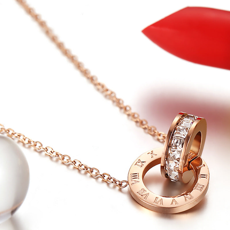 Fashionable Stainless Steel Double-Ring Diamond-Encrusted 