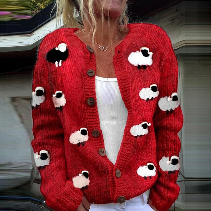 Striped Knitted Digital Print Floral Cardigan Halterneck Sweater Single-Breasted Long-Sleeve Loose-Fit